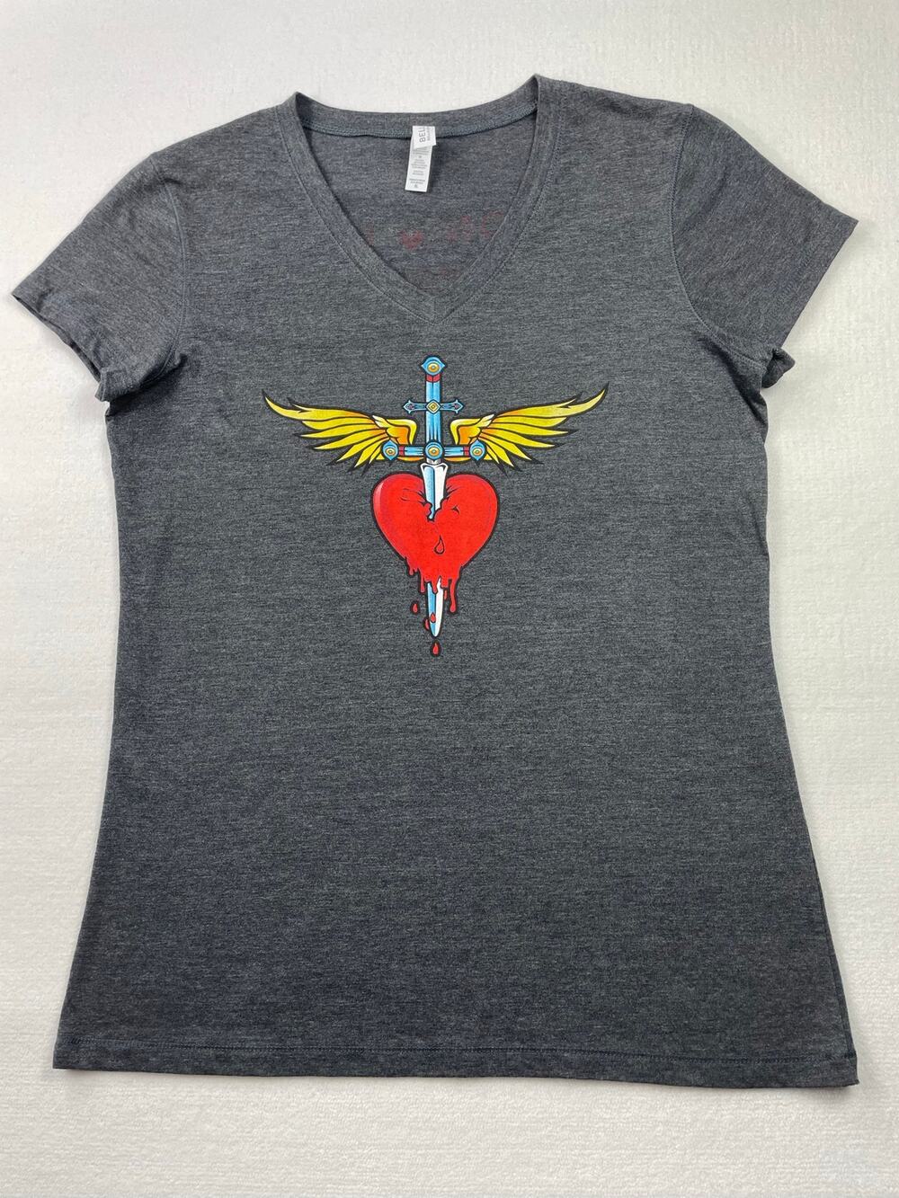 Bon Jovi Winged Heart Bella Canvas T Shirt Gray V Neck Graphic Tee Size XL